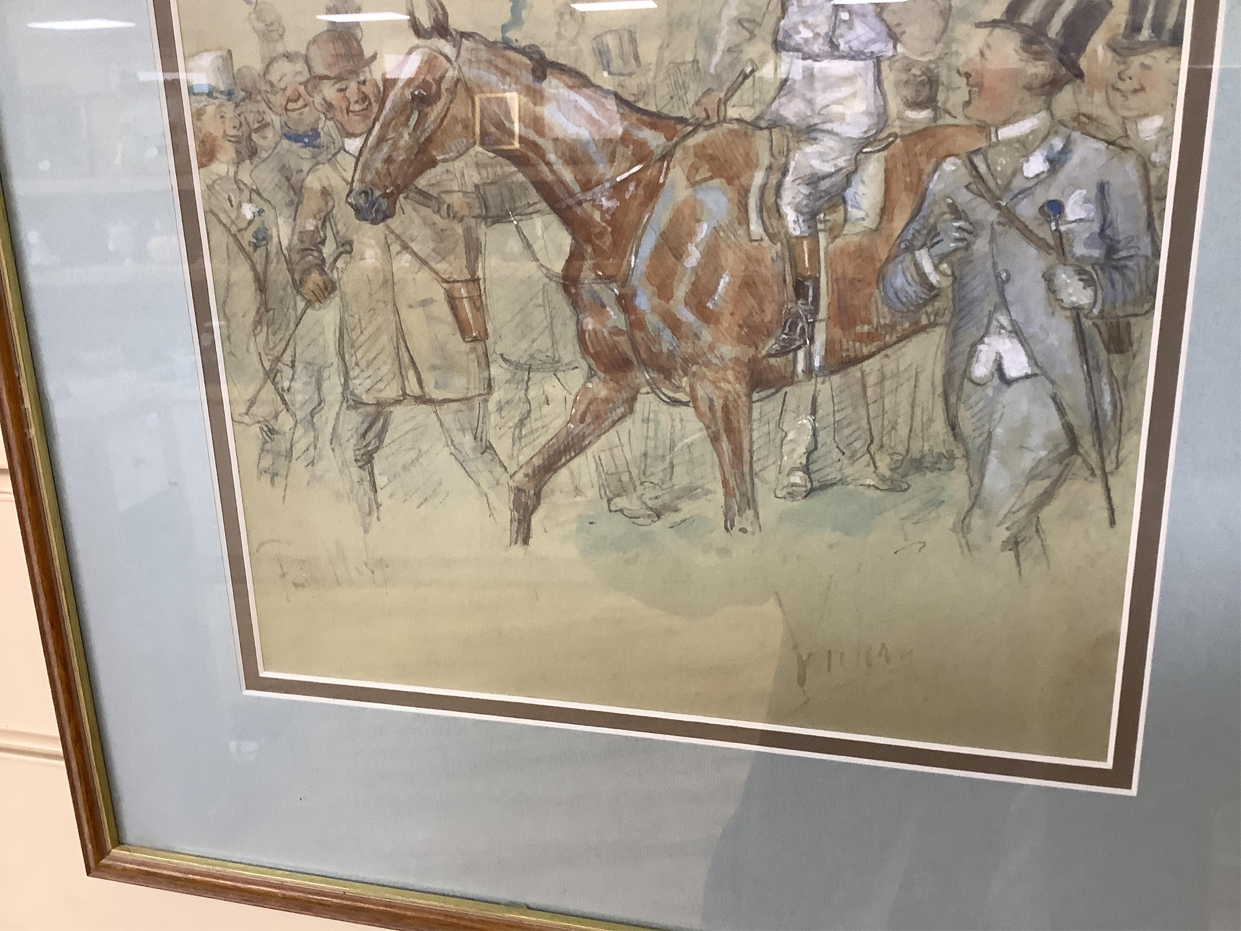 George Finch Mason (1850-1915), Horse racing interest to include 'Old Days at Cheltenham' and 'Victory', three pen, ink and washes, each signed, largest 31 x 25cm